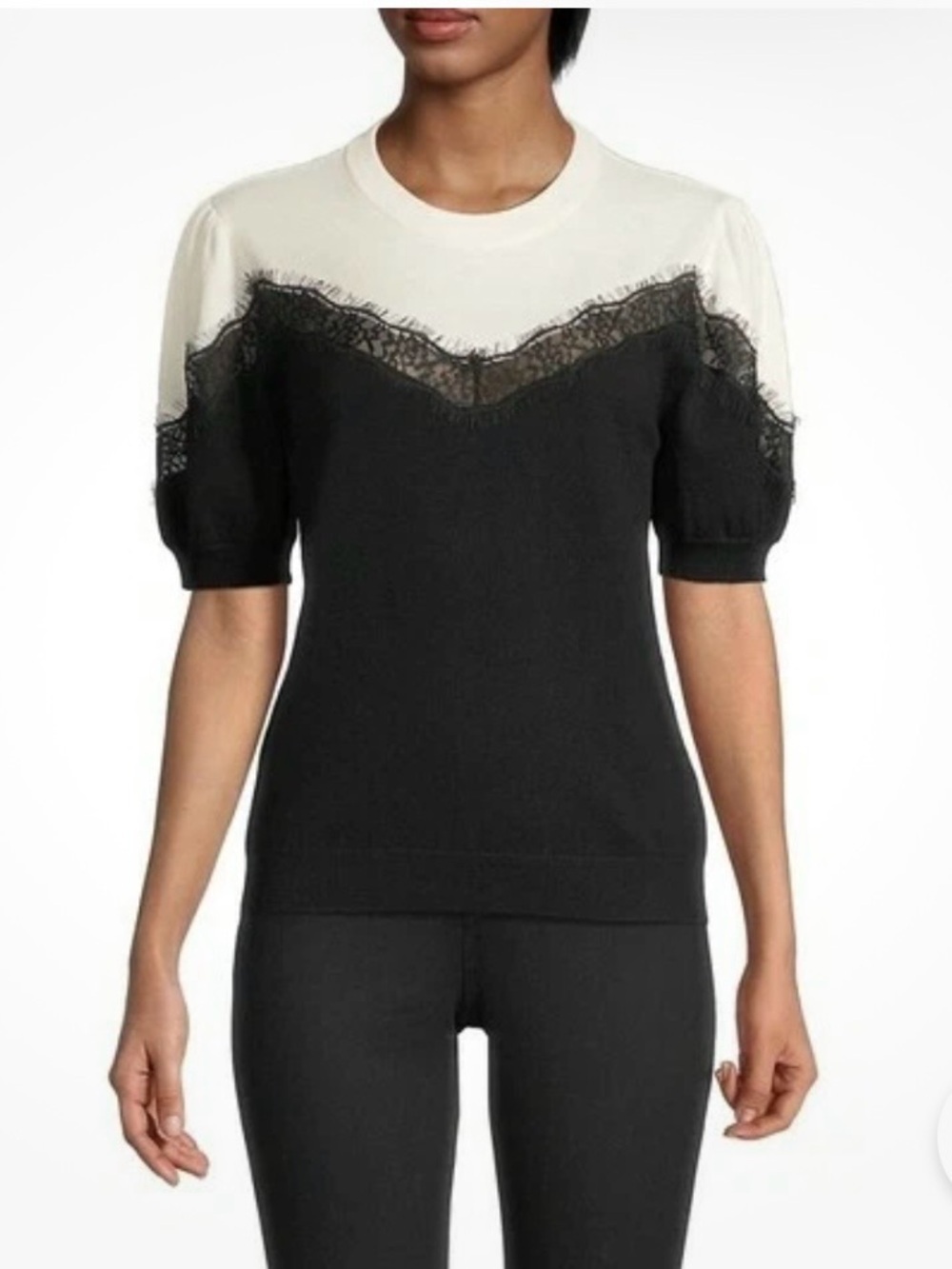 Milly Bicolor Lace Inset Pullover in Blacj/Chalk